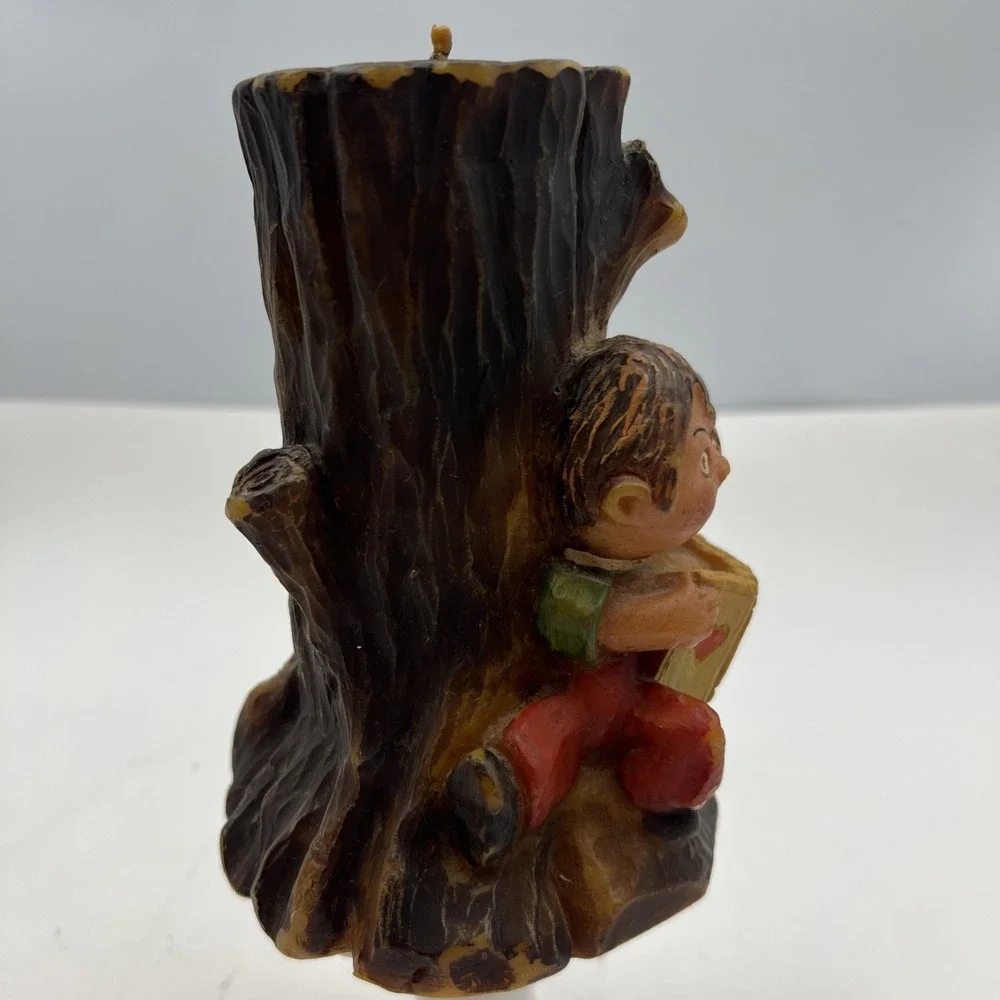 VTG Gunter Kerzen German Hand Carved Painted‎ Candle - Boy & Girl Reading Tree